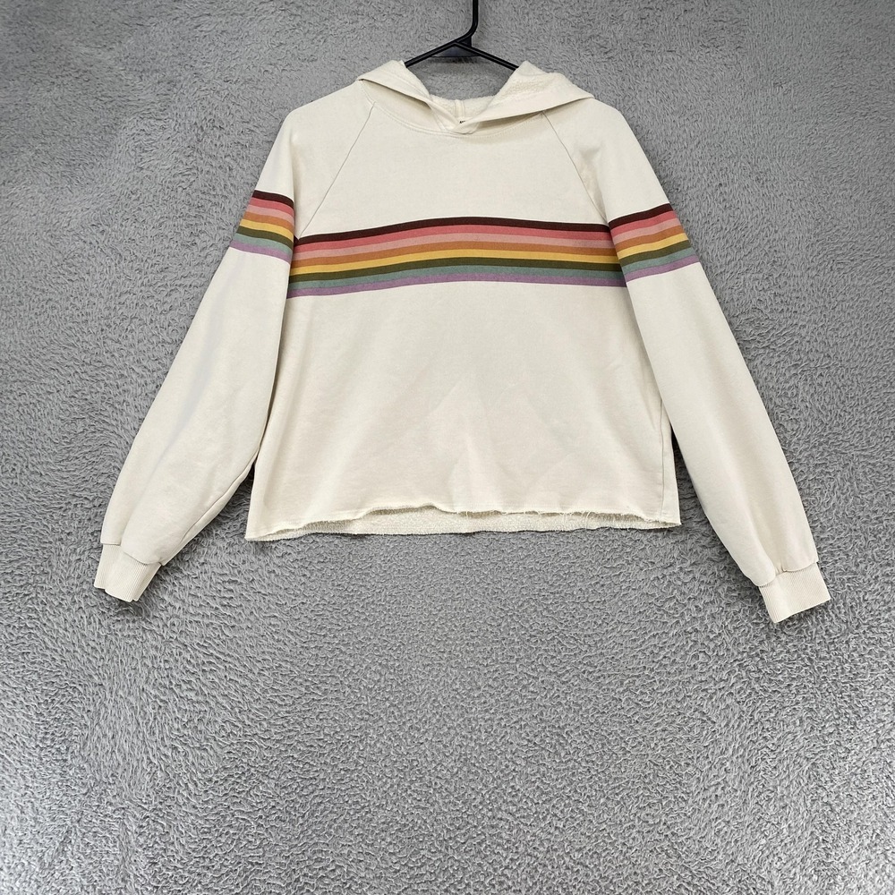 Marine Layer Hoodie Womens Small Rainbow Stripe Fleece Pullover Boxy Crop Cozy